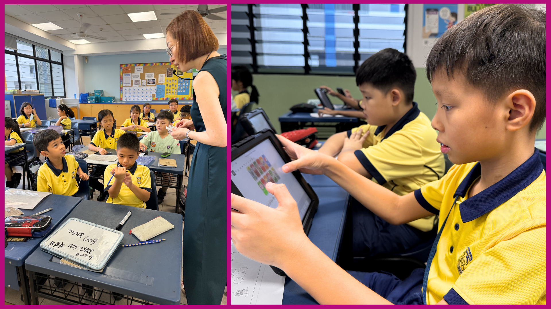 Open classroom scenes showing teachers guiding young students in yellow uniforms using laptops and tablets.
